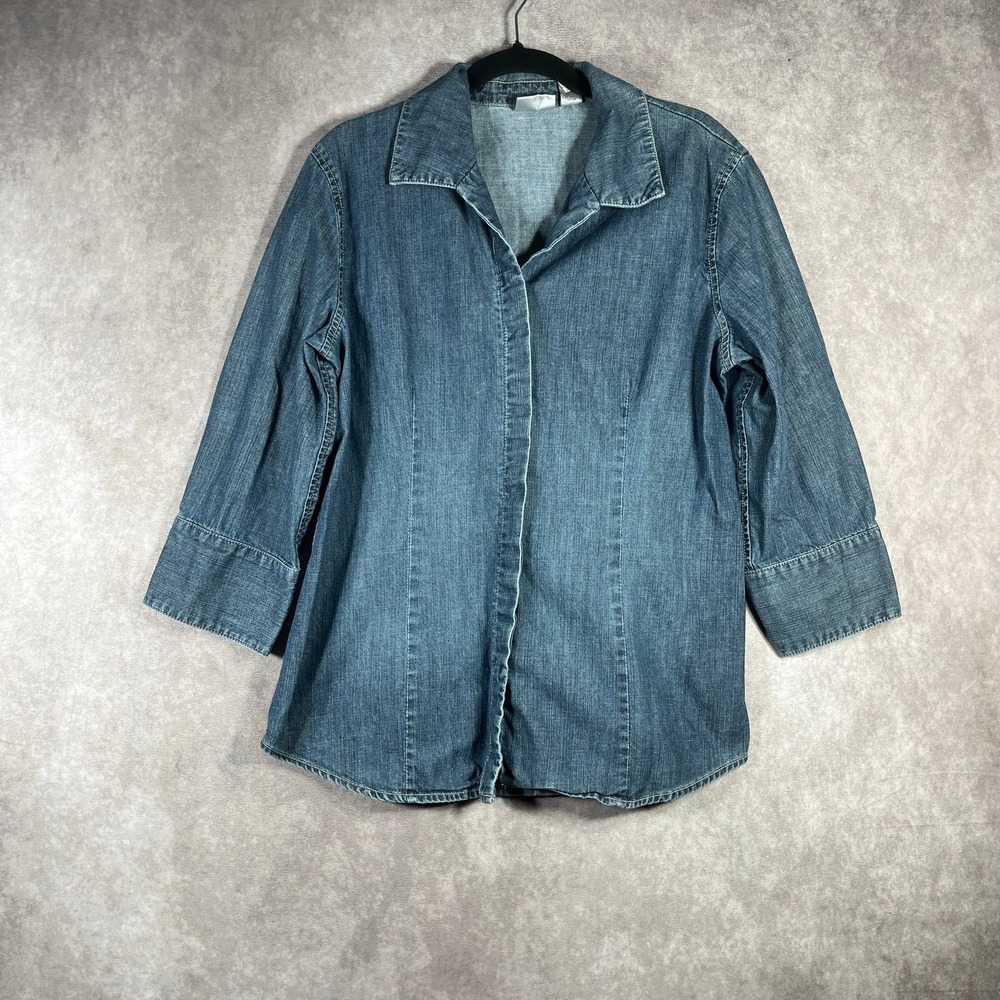 Chico's Shirt Womens Size 2 US Large Blue Denim Button Up Short Sleeve Casual